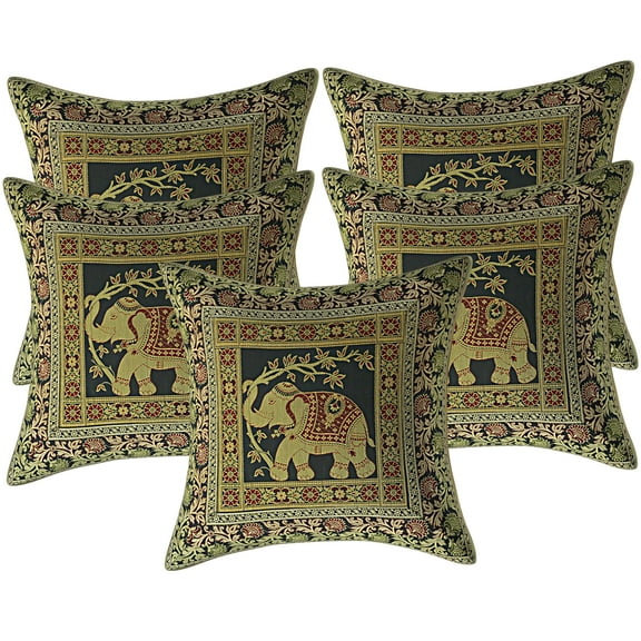 Stylo Culture Ethnic Sofa Throw Pillow Covers 16 x 16 Jacquard Black Traditional 40cm x 40cm Home Decor Brocade Elephant Floral Zippered Square Cushion Covers | Set Of 5