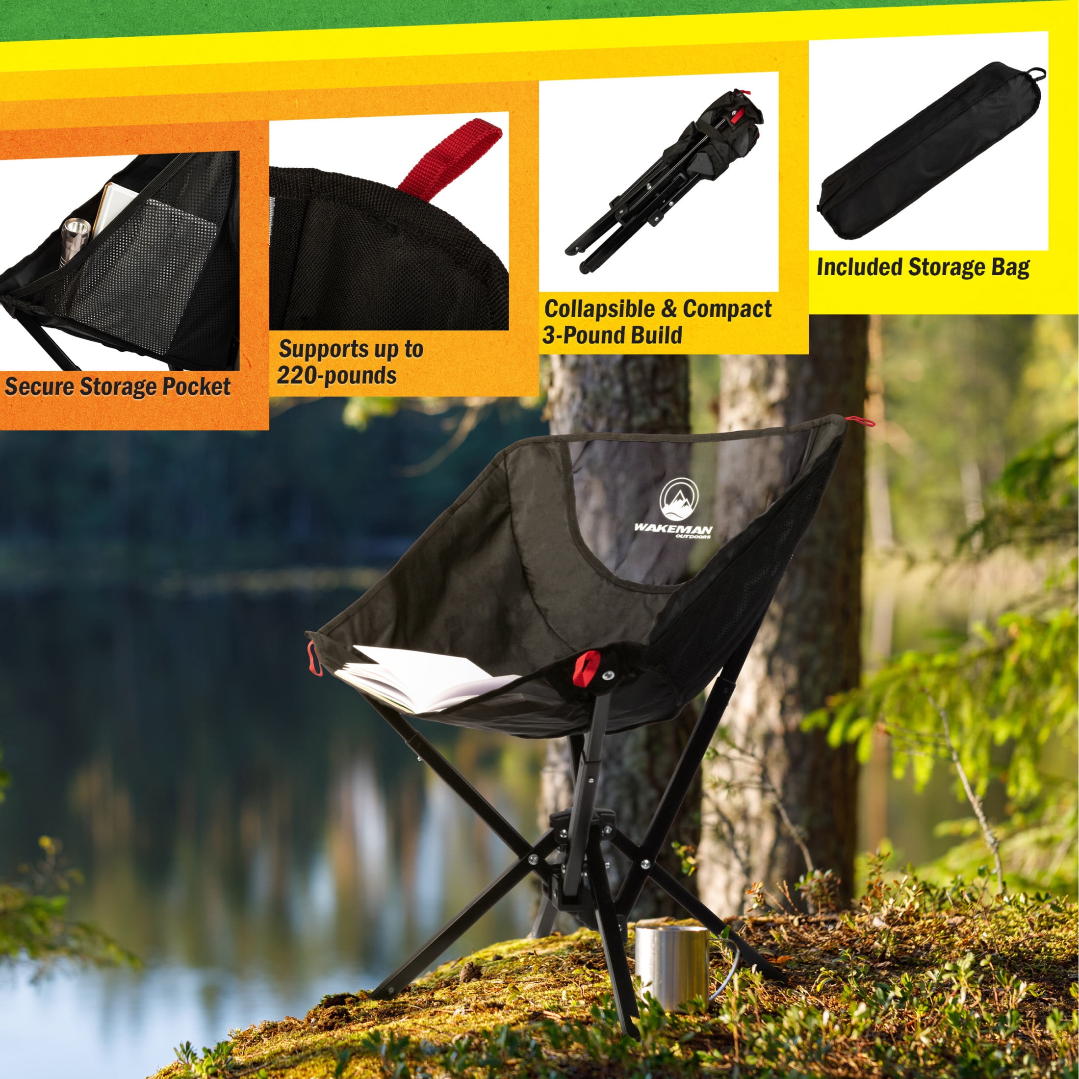 Wakeman Outdoors Camping Chair - Lightweight Backpacking Chair, Black