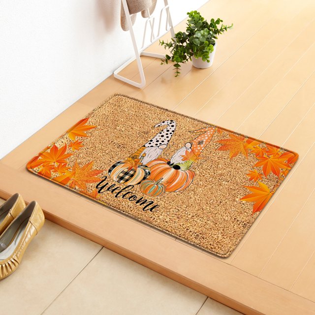 Ratfeit Paillasson Décoratif d'Automne Antidérapant et Lavable Tapis de Porte Citrouille Gnome Feuille d'Érable Récolte d'Automne Tapis de Sol Action de Grâce Intérieur Extérieur 24 x 16 Pouces