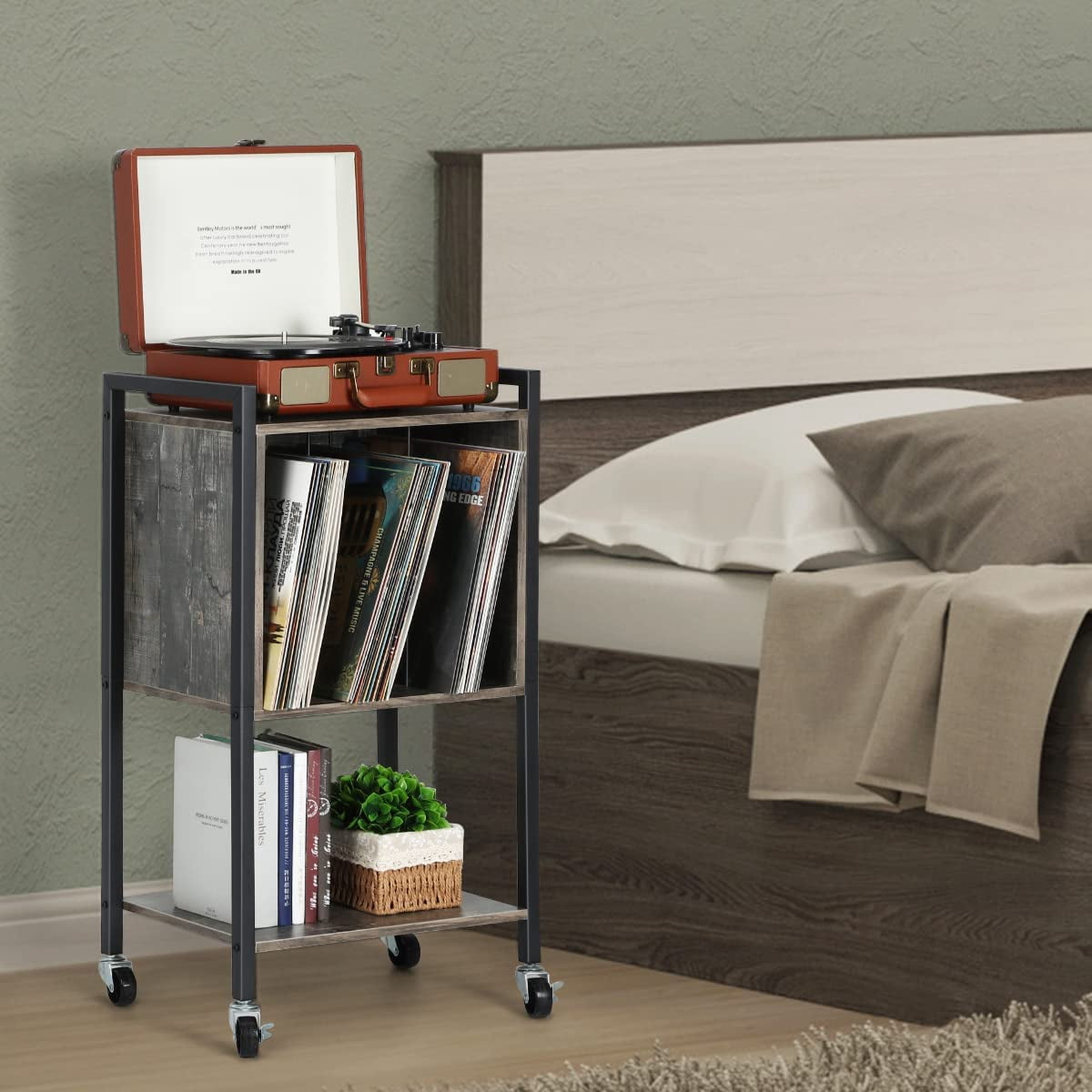 Record Player Stand End Table with Vinyl Record Storage Holder, Gray