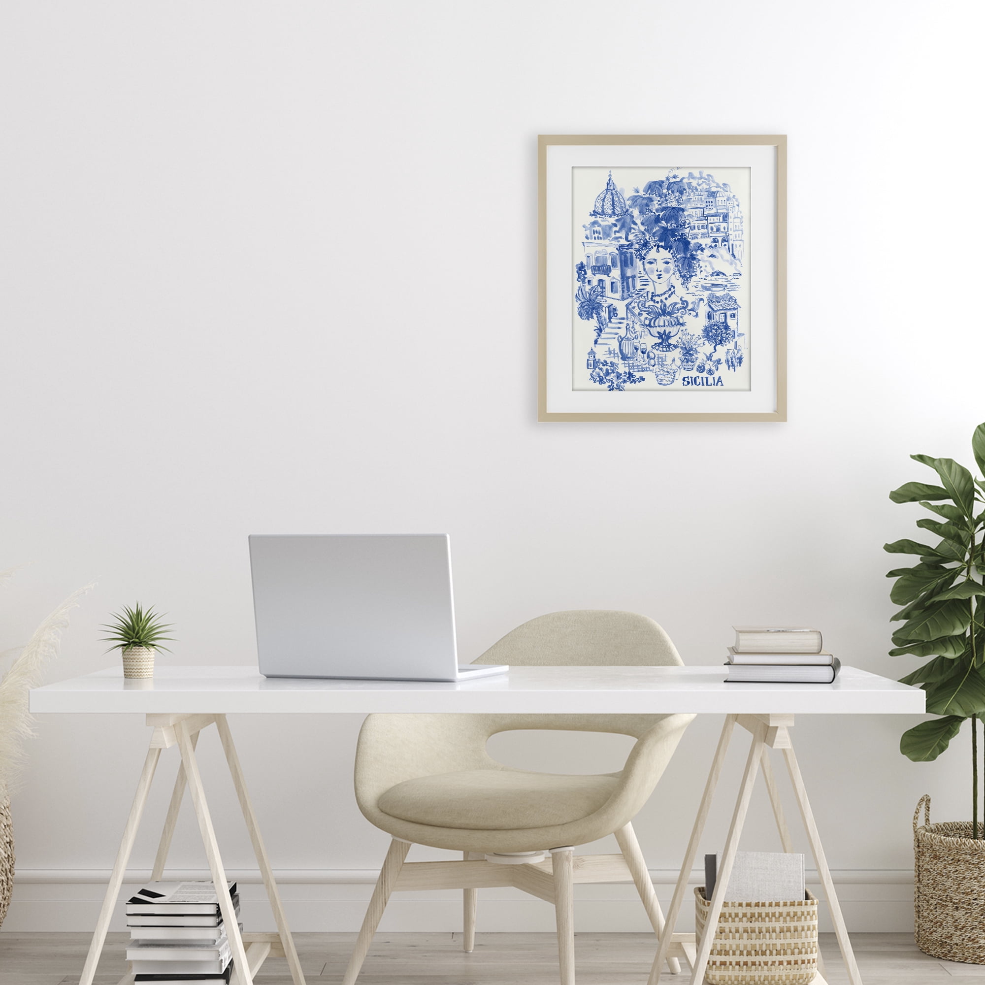 Stupell Industries Sicilia City In Blue Birch Framed Print Under Glass, design by Karolina Sato