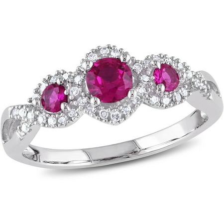 Tangelo 1/2 Carat T.G.W. Created Ruby and 1/8 Carat T.W. Diamond 10kt White Gold Three-Stone Engagement Ring