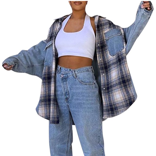 IROINID Veste en Denim pour Femmes, Manches Longues, à Carreaux, Col Rabattu, Veste Décontractée à Simple Boutonnage, Veste en Denim à Carreaux