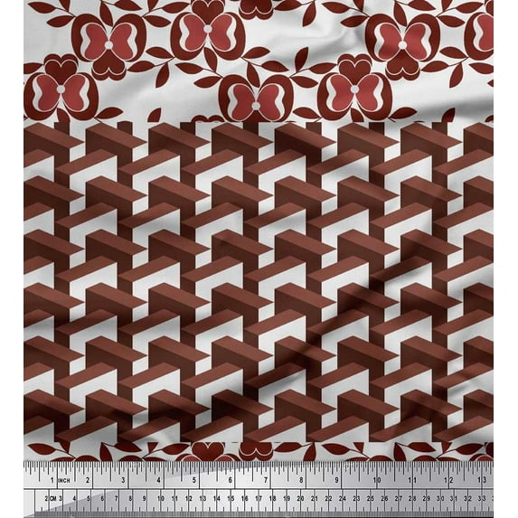 Soimoi polyester Crepe Fabric Geometric Cube,Leaves & Floral Artistic Print Sewing Fabric Yard 52 Inch Wide
