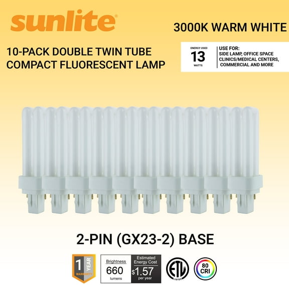 Sunlite PLD13/SP30K/10PK Double Twin Tube, CFL, PLD 2-Pin, 13 Watts, 660 Lumens, 3000K Warm White, 2-Pin (GX23-2) Base, 10 Pack