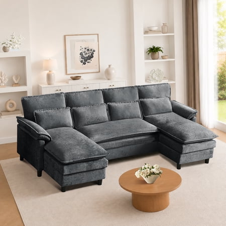 Soscana U Shaped Cloud Couch Sectional Sofa 4 Seat with Double Chaise, Modern Chenille Sofa with 4 Waist Pillows for Living Room Apartment Office Studio,Dark Gray