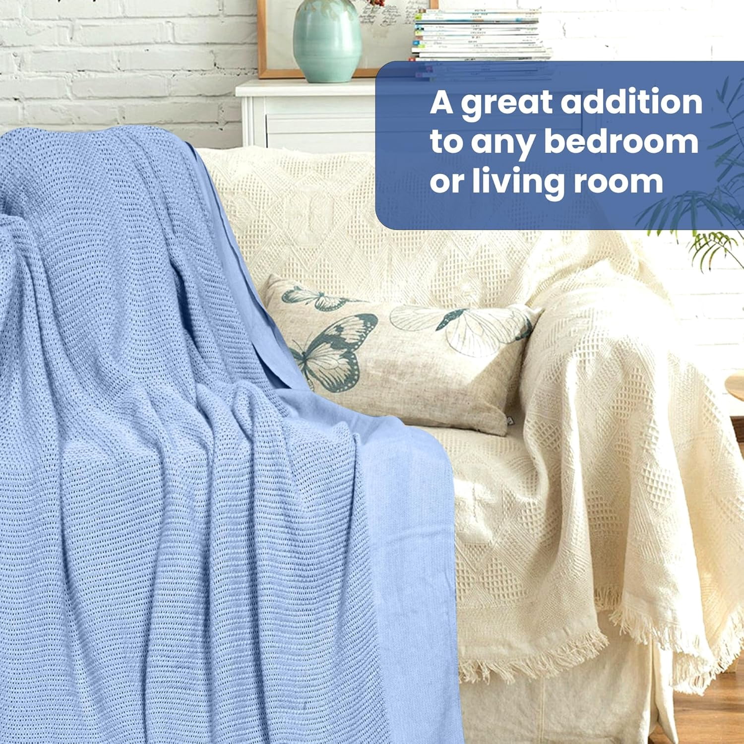 Linteum Textile 100% Cotton Leno Weave Blanket (Blue, Queen) 90x90 Inches