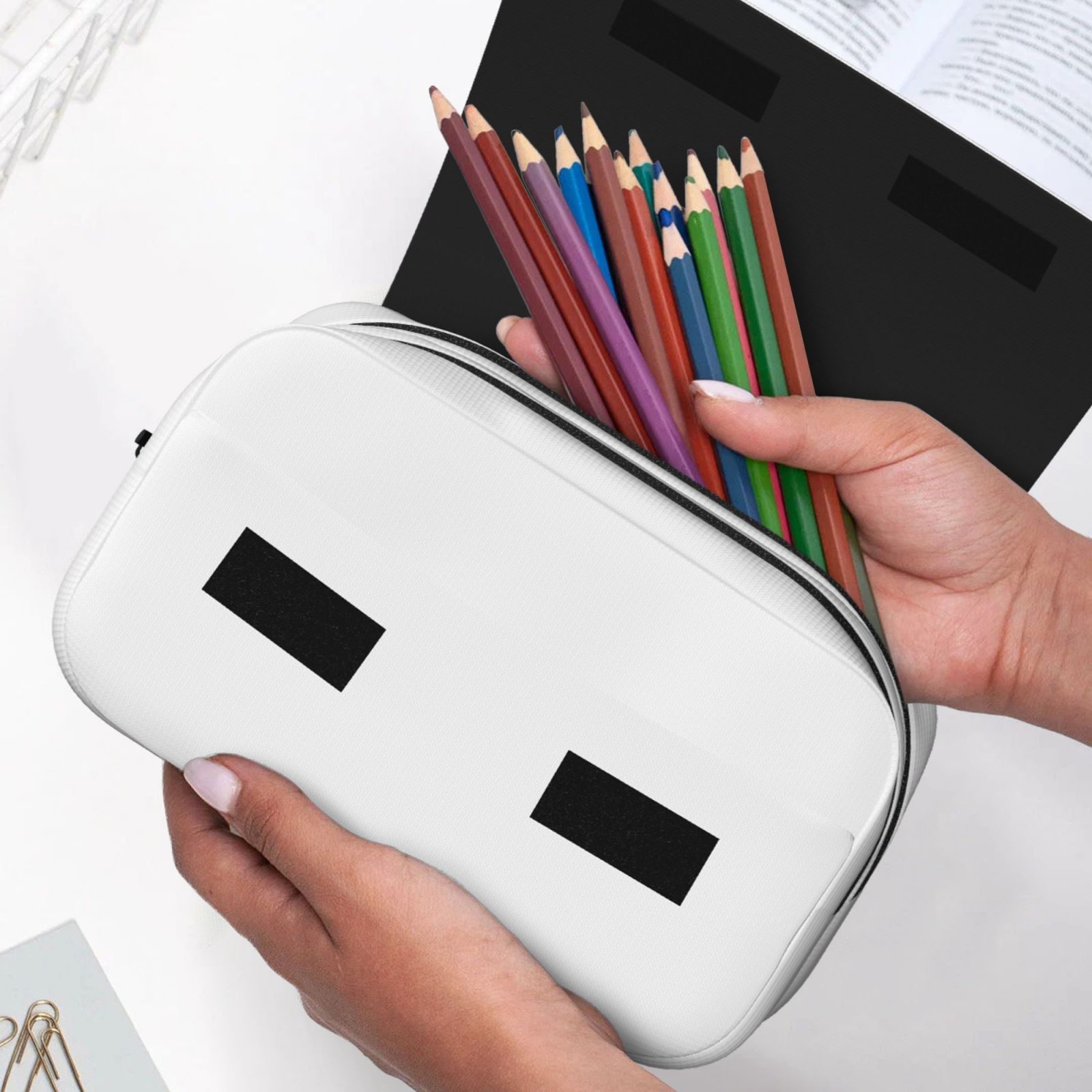 Rateoe White Pattern Double Clamshell Pen Case, Storage Organizer with Two Zipper Compartments– Holds Up to 50 Pencils & Pens