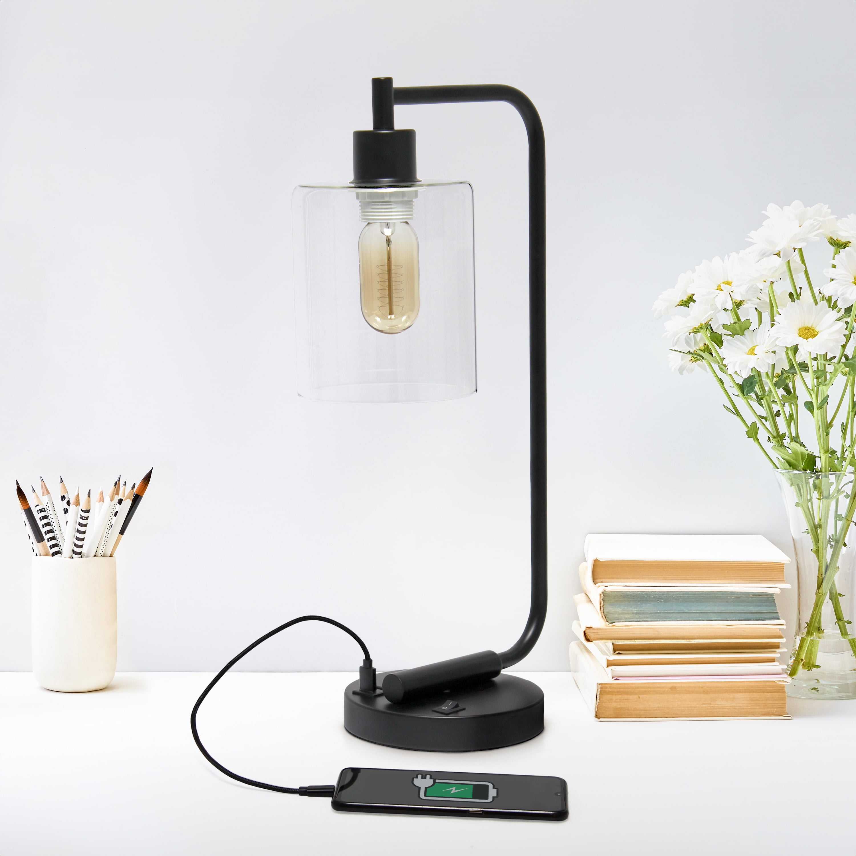 Creekwood Home 18.8" Vintage Industrial Curved Arm Desk Lamp with USB Ports, Black