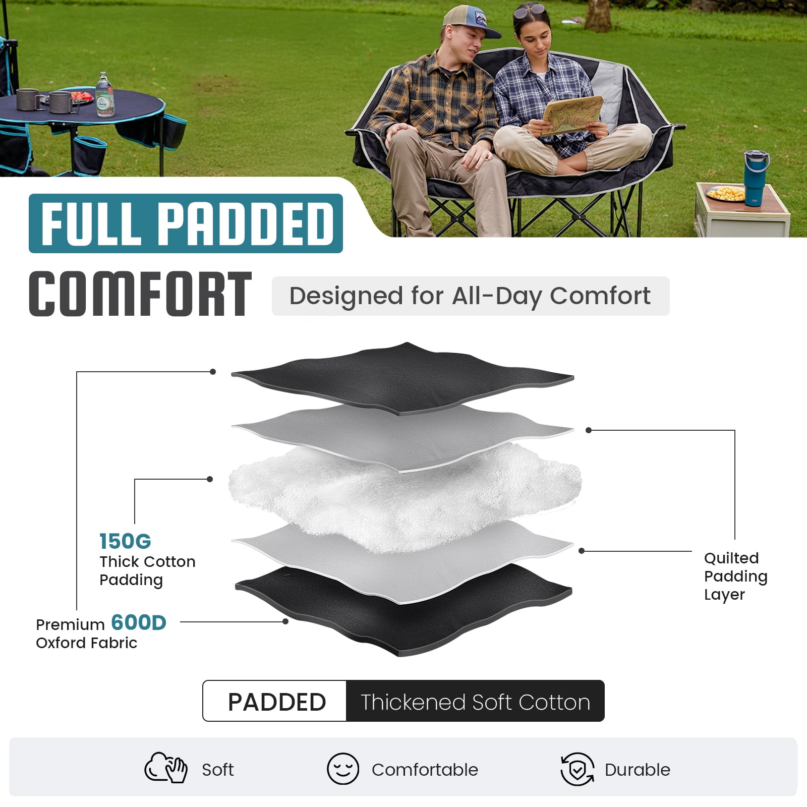 FUNDANGO Oversized Fully Padded 2 Person Loveseat Chair, Folding Double Camping Chair for Adults, Heavy Duty Outdoor Loveseat Chair with Side Table, Portable Double Camping Couch, Black-Grey