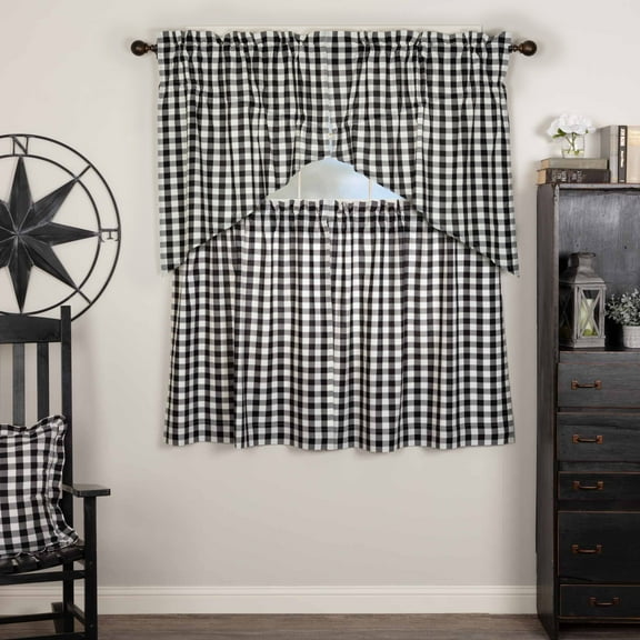VHC Brands Annie Buffalo Check 4 PC Country Black Curtain Set (2 Prairie Swag 36x18 and 2 Tier 36x36)