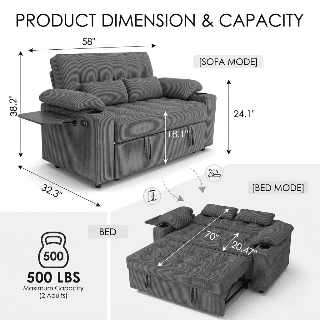 58" Sleeper Sofa Bed, Convertible Pull Out Couch Bed Corduroy Loveseat with Adjustable Backrest, USB Charging Ports, Cup Holders & Foldable Side Table for Living Room Apartment,Dark Grey