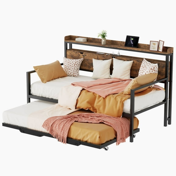 Tolead Twin Daybed with Trundle,LED Lights and Wooden Storage Headboard, Metal Frame