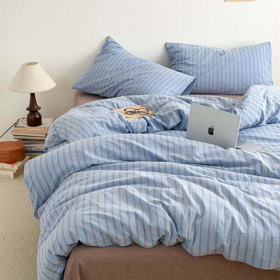 Light Blue Vertical Striped Comforter Set, Soft Washed Textured Farmhouse Bedding Comforter with 1 Pillowcase, Twin Size