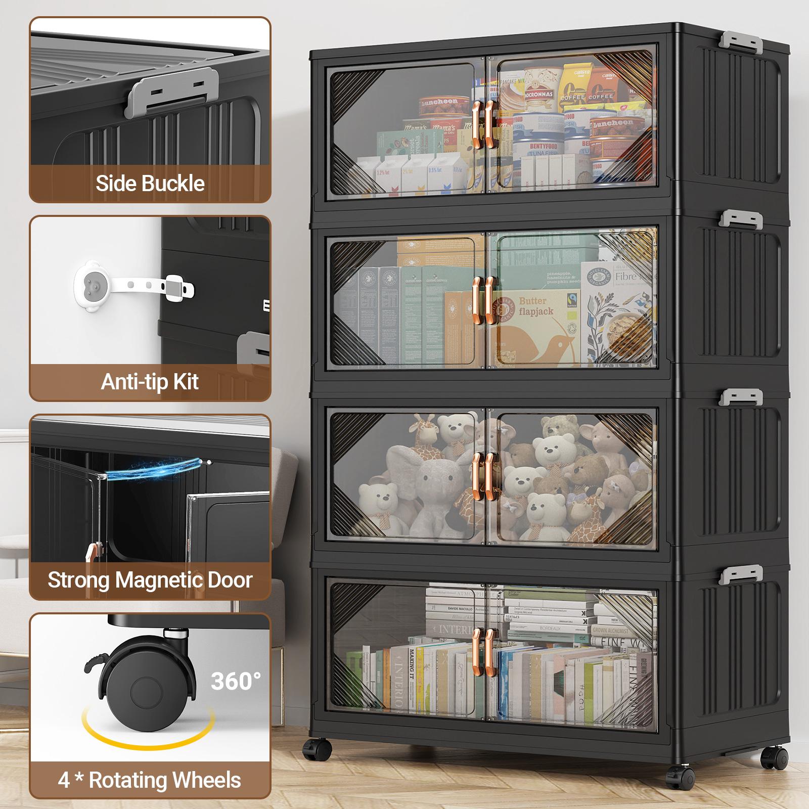 Broview 105Gal Plastic Stackable Storage Bins with Lid, 420QT Extra Large Containers With Drawers, Folding Closets with 4x Wheels, Collapsible Cabinets Organizers for Home Office, 3Pack Black, V60