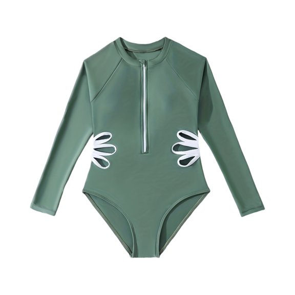 Girls' Long Sleeve Rashguard One-piece Swimsuit, Quick-Drying Swimwear Sizes 2-12