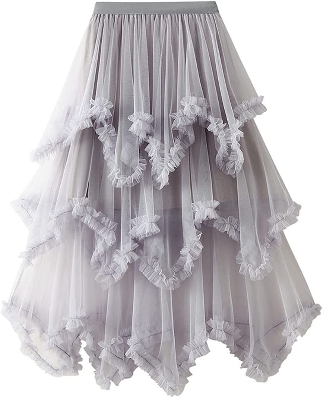 Pikadingnis Womens Irregular High Waist Layered Tulle Gauze Pleated Midi Long A Line Skirt 8706