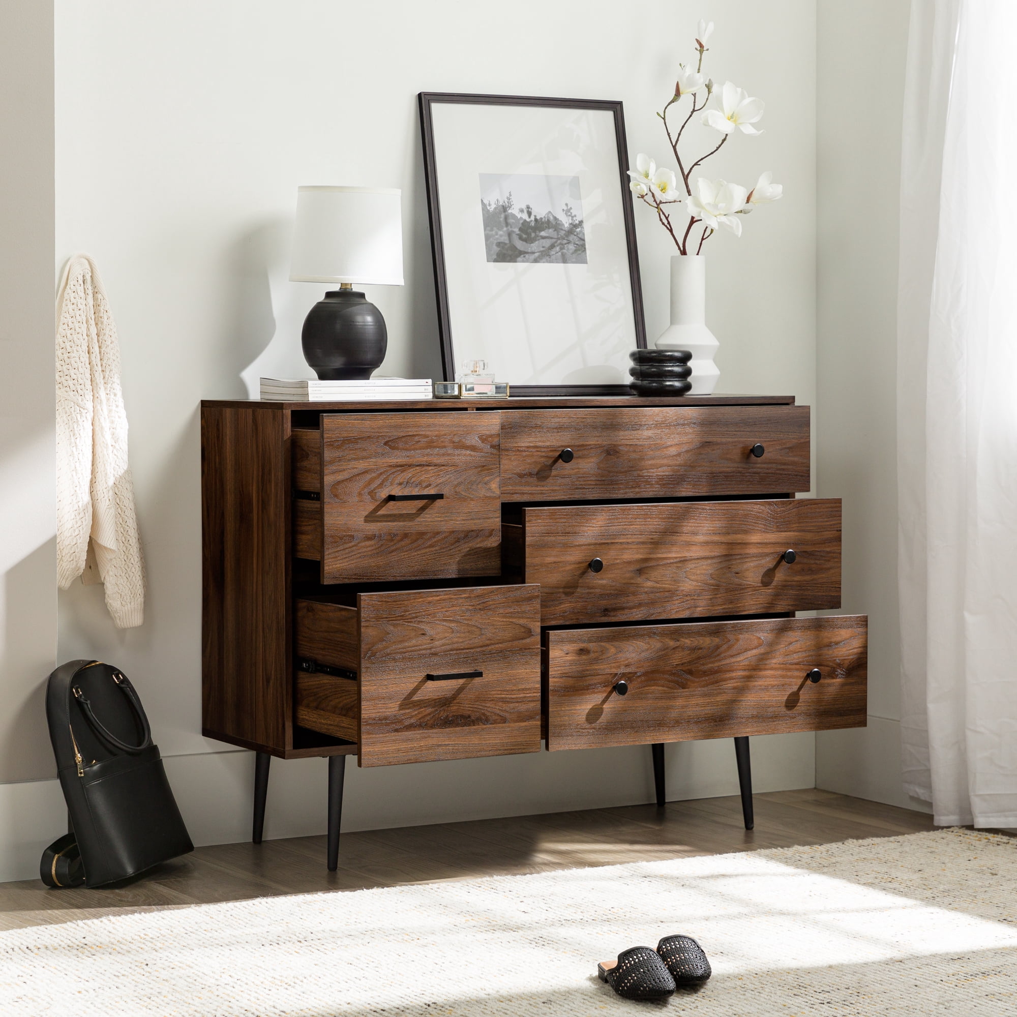 Walker Edison Modern Asymmetric 5 Drawer Wood Dresser, Dark Walnut