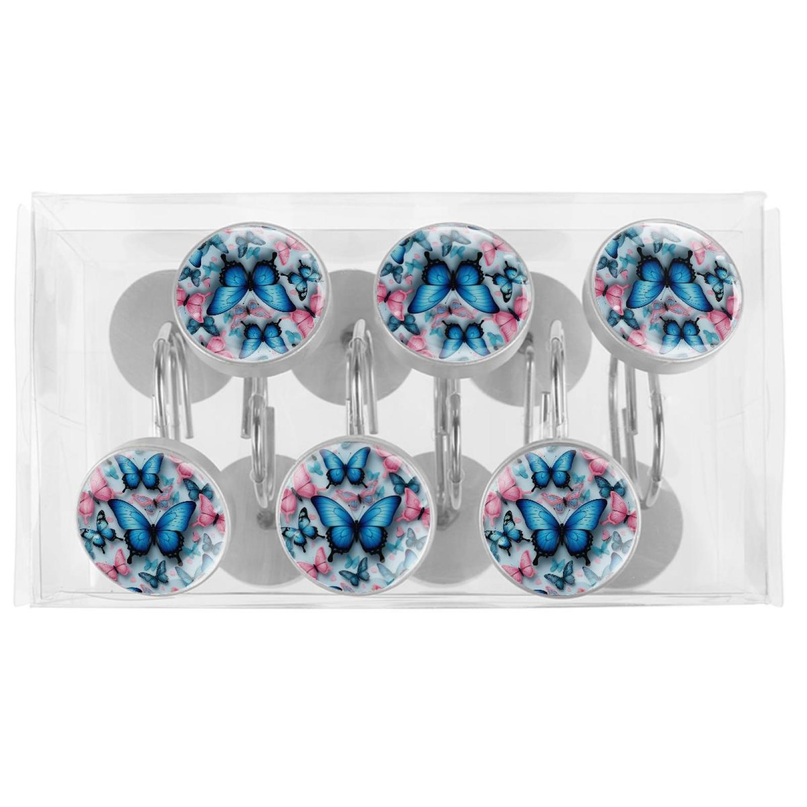 HemaKayy 12 Pcs Shower Curtain Hooks Bathroom Decorative Accessories Blue Pink Cardboard Butterfly