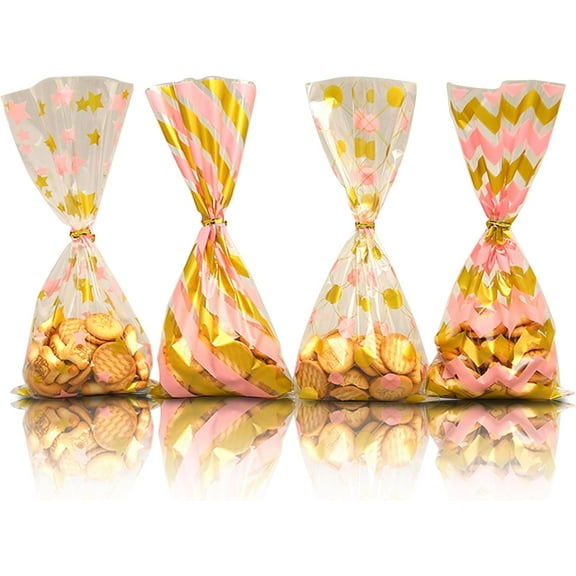 LUU-Cellophane Treat Bags,5x11 Inch Clear Plastic Candy Bags,Stripes Polka Dot Printed Pattern Goodie Bags Gift Bags with Twist Ties for Baby Shower Birthday Wedding Party Favor_SAI