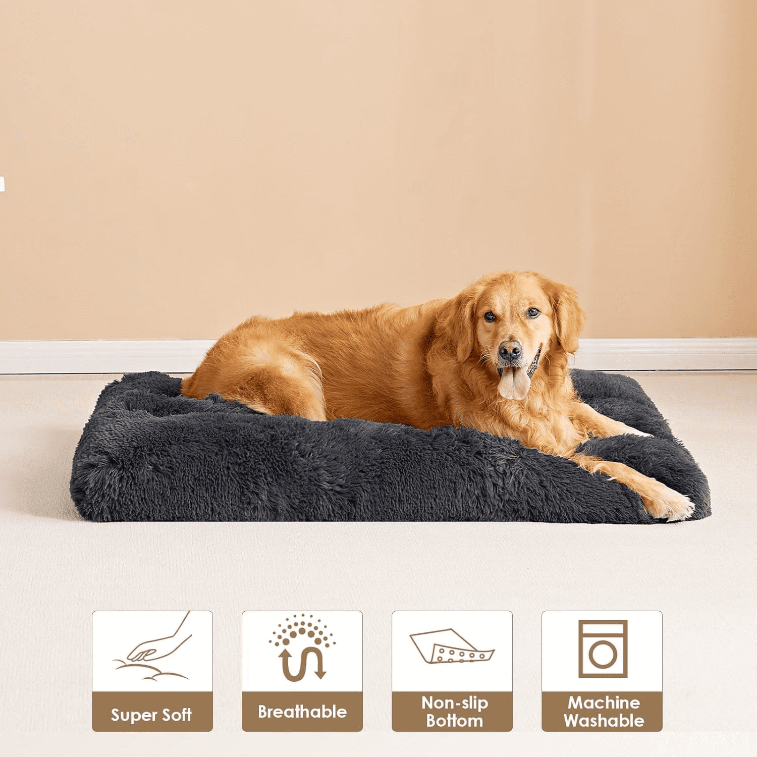 XXL Dog Crate Pad, Plush Faux Fur Bed for Extra Large Dogs, Calming Anti Anxiety XXL Dog Bed, Washable Soft Warm Mat with Non-Slip Bottom, Dark Grey