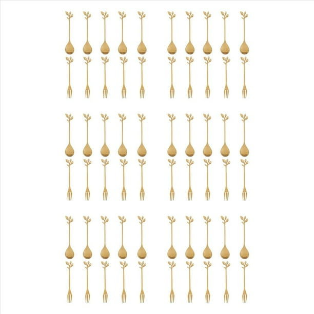 30 Cuchara + 30 Tenedores Hoja de Acero Inoxidable Cuchara para Pastel de Café Tenedor Cucharas para Postre, Juego de Cucharaditas para Remover Dorado