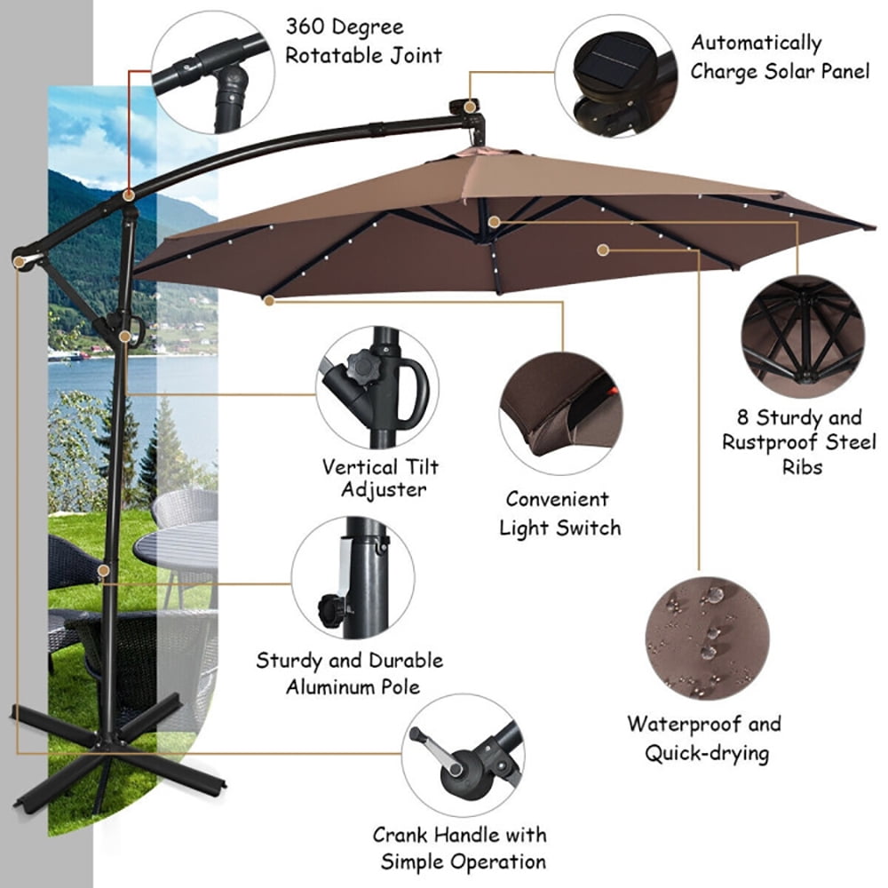 Aimee Lii 10 ft 360° Rotation Solar Powered LED Patio Offset Umbrella without Weight Base, Outdoor Umbrellas for Patio, Tan Aimee Lii 10 ft 360° Rotation Solar Powered LED Patio Offset Umbrella without Weight Base, Outdoor Umbrellas for Patio, Tan
