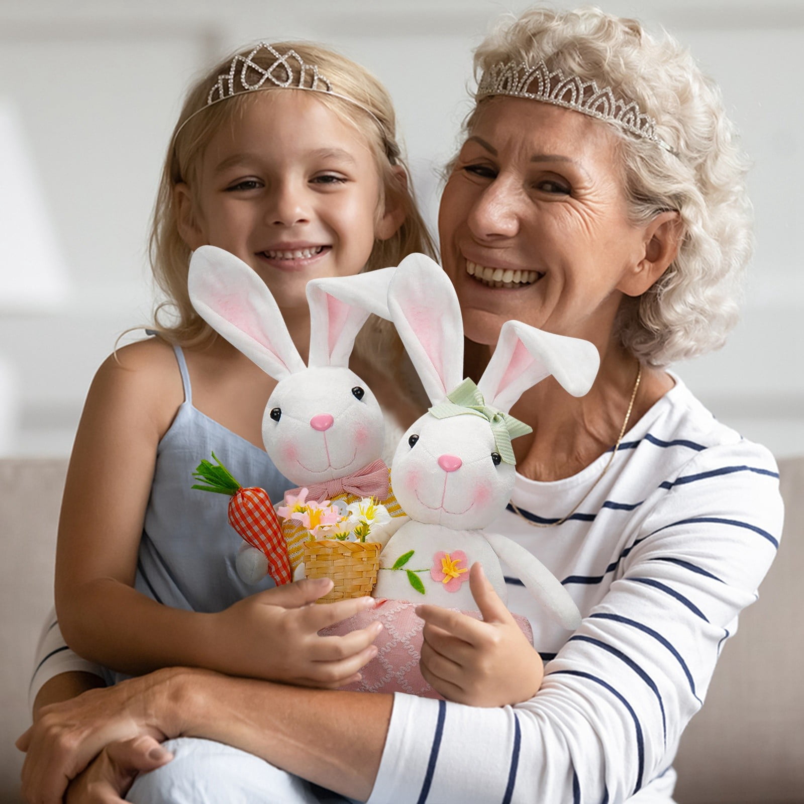 2PCS Easter Plush Bunny Dolls 17.3in with Carrot & Flower Basket, Soft PP Cotton Easter Rabbit Decorations for Party, Home Display & Kids Easter Basket Stuffers