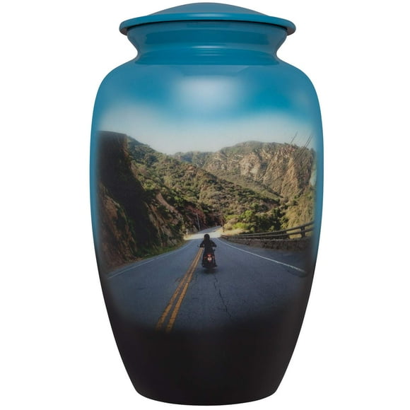 Liliane Memorials Motorcycle Funeral Urn with Mountain Scene - Cremation Urn for Human Ashes - Aluminum -Suitable for Cemetery Burial or Niche - Large Size fits Remains of Adults up to 200 lbs