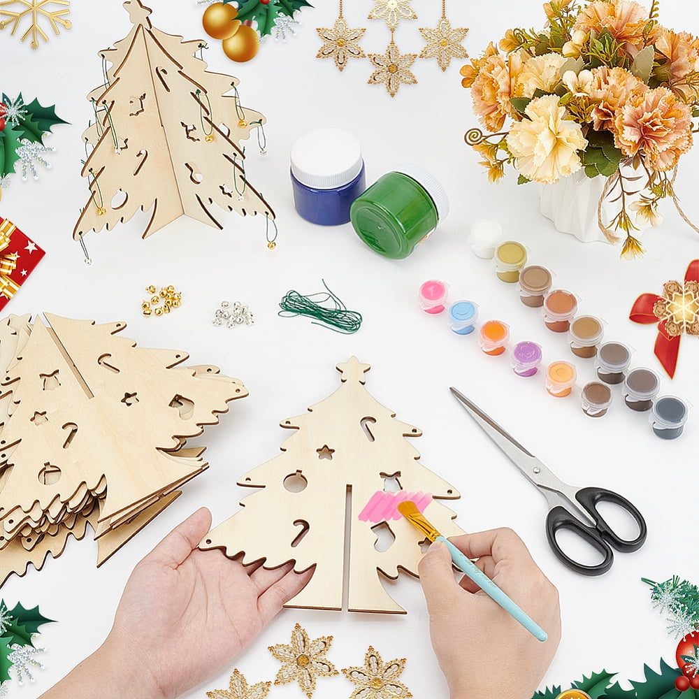 3D DIY Wooden Christmas Tree Ornaments Craft Kit 6 Sets Unfinished Christmas Tree Wood Slices Pendants Set with Bell Charms 3m Green Nylon