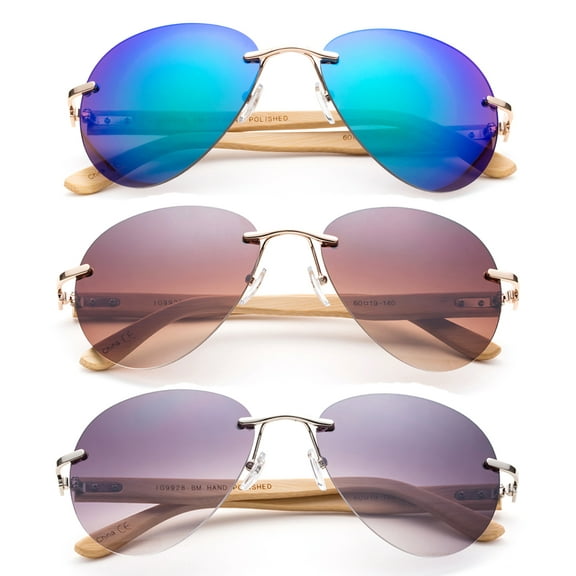3 Pack Rimless Aviator Fashion Sunglasses for Men for Women, Bamboo Temple