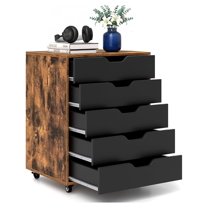 5 Drawers Chest, Wood Storage Drawers with Locking Wheels Under Desk Storage Filing Cabinet for Office Home, Black, Coffee & Black