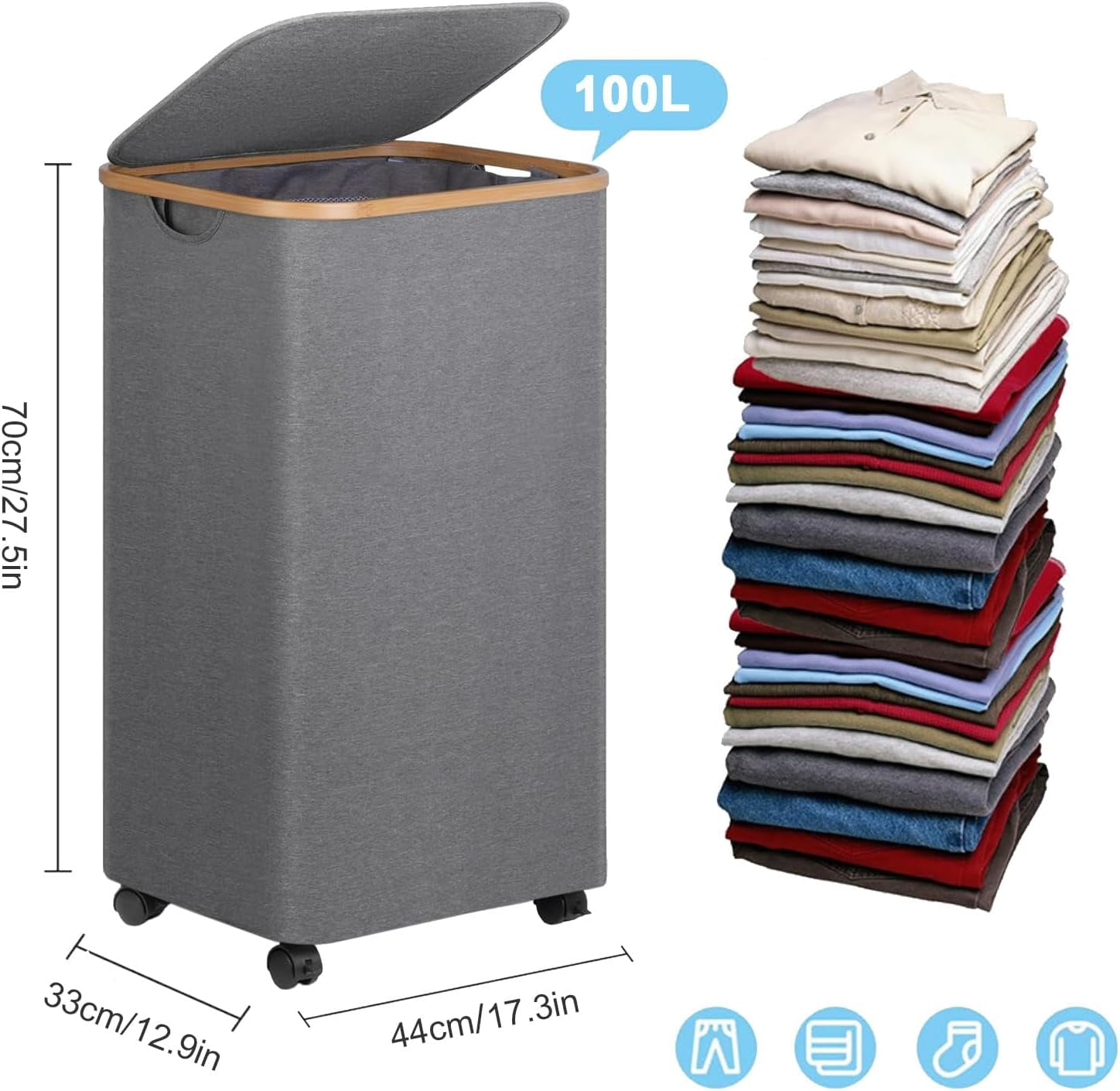 Large Laundry Basket with Wheels,100L Hampers for Laundry,Freestanding Laundry Hamper with Lid and Bamboo Handles,Collapsible & Waterproof Tall Cloth Hamper for Dorm Family（Grey）