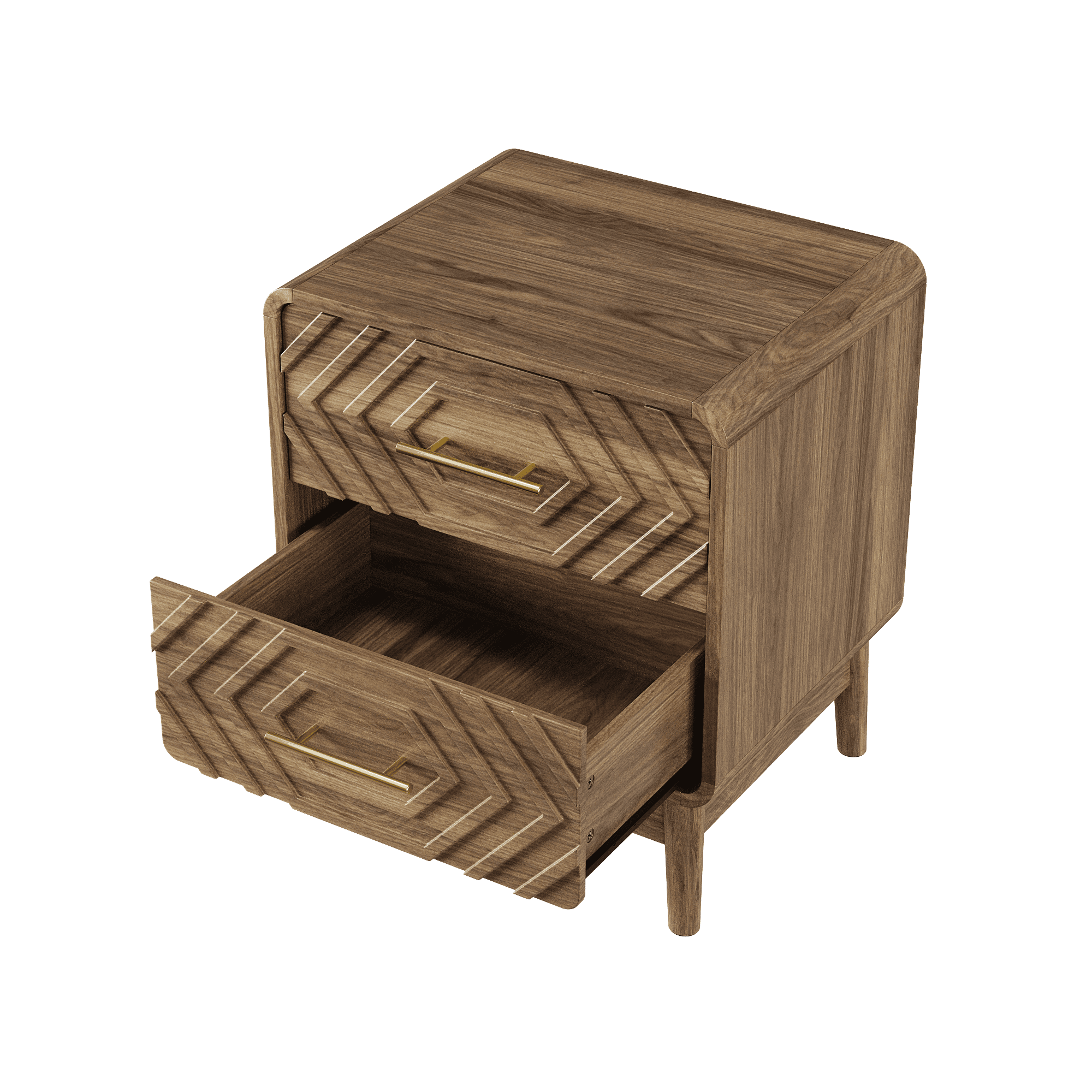 Walnut wood bedside table, double drawer bedside table with solid wood legs and gold metal handles, rounded corner end table suitable for bedroom.