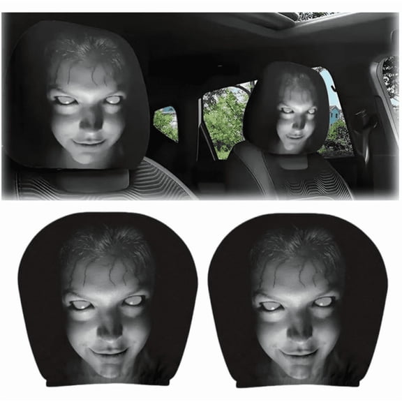Ghost Face Headrest Covers, Scary Covers for Cars, Stretchy Seat Headrest Protector, Funny Cover for Auto, Vehicle, Truck, SUV, Washable Elastic Fabric, Interior Accessories 2PCS