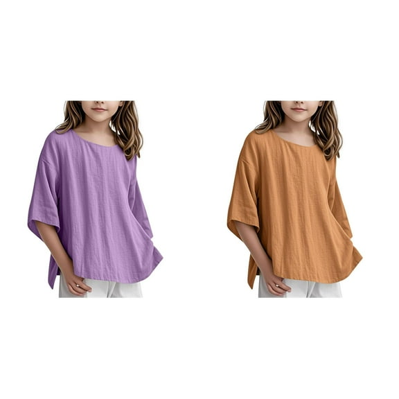 LUOGENLI 2 Pack Children Girls' Shirt 3/4 Sleeve Linen Blouse Leisure Top Elegant Top Girls T Shirt Crew Neck Plain Blouse 3 15 Years Shirts for Girls 12-14 Years Old 120