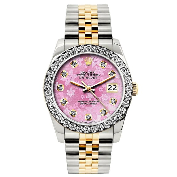 Pre-Owned Rolex Datejust 26MM 69173 Pink Floral Diamond Dial Diamond Bezel Two Tone Yellow Gold Jubilee Bracelet 1.2ct
