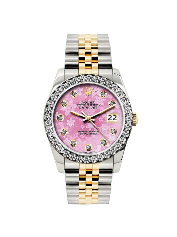 Pre-Owned Rolex Datejust 26MM 6917 Pink Floral Diamond Dial Diamond Bezel Two Tone Yellow Gold Jubilee Bracelet 1.2ct