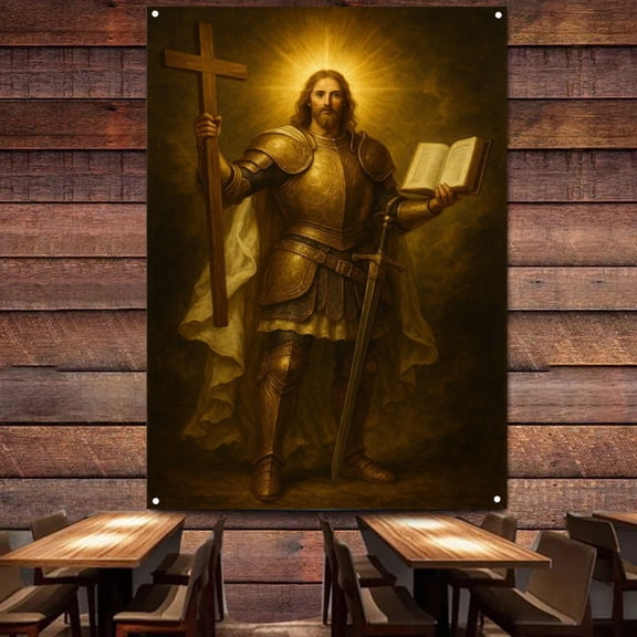 Christ Jesus Knight Templar Order Tapestry Wall Painting Crusaders Armor Warrior Wall Art Posters and Prints Wall Hanging Flag Vertical Banner 4 Metal Holes Grommets,38X57 inches
