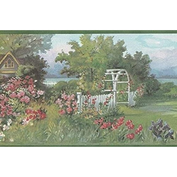 Concord Wallcoverings Wallpaper Border Place Pattern Lake Shore Cottage Garden Scenery for Cottage Farmhouse, Green Brown Pink Blue Yellow, 6 Inches by 15 Feet SA105583B