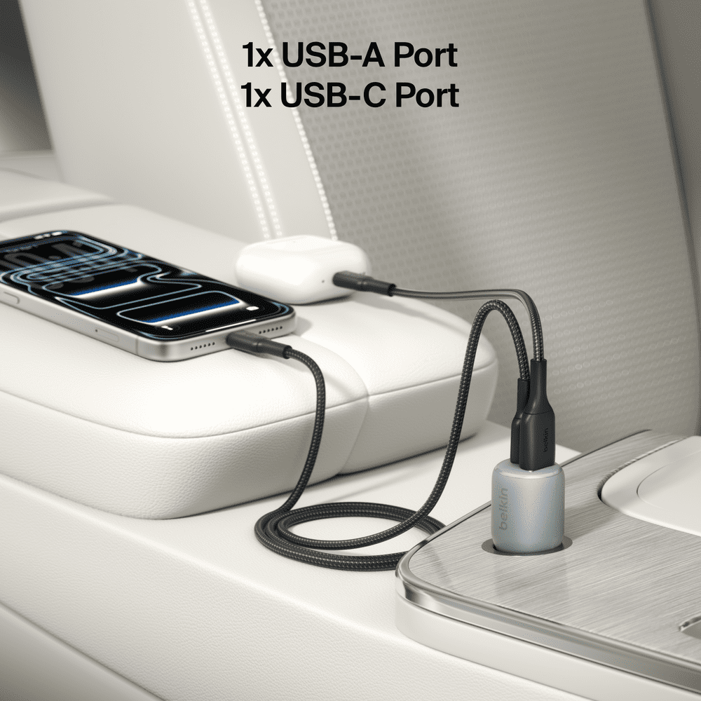 Belkin BoostCharge 42-Watt Dual Port Fast Car Charger w/30W USB-C & 12W USB-A Ports for iPhone 16, 16 Pro, Galaxy S25, S24, Pixel 9 & 8, Nintendo Switch 2 & More - Gray
