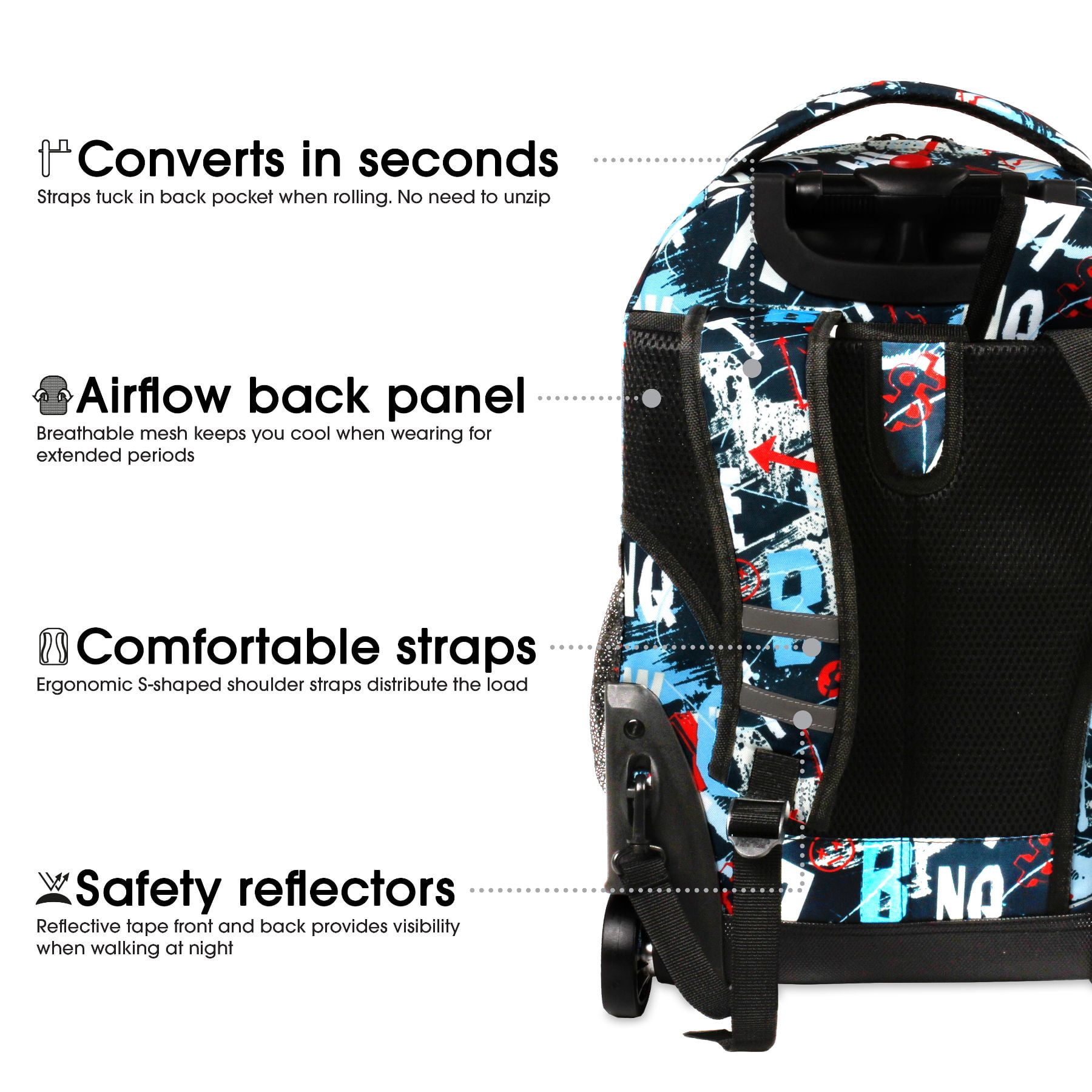 J World Boys and Girls Sunrise 18" Rolling Backpack for School and Travel, Graffiti
