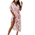 thumbnail image 2 of ICHUANYI Clearance Women’s Fashion Dress Short Sleeve V-Neck Flowers Print Beach Leisure Long Dress(Pink, S) Ichuanyi Ichuanyi, 2 of 9