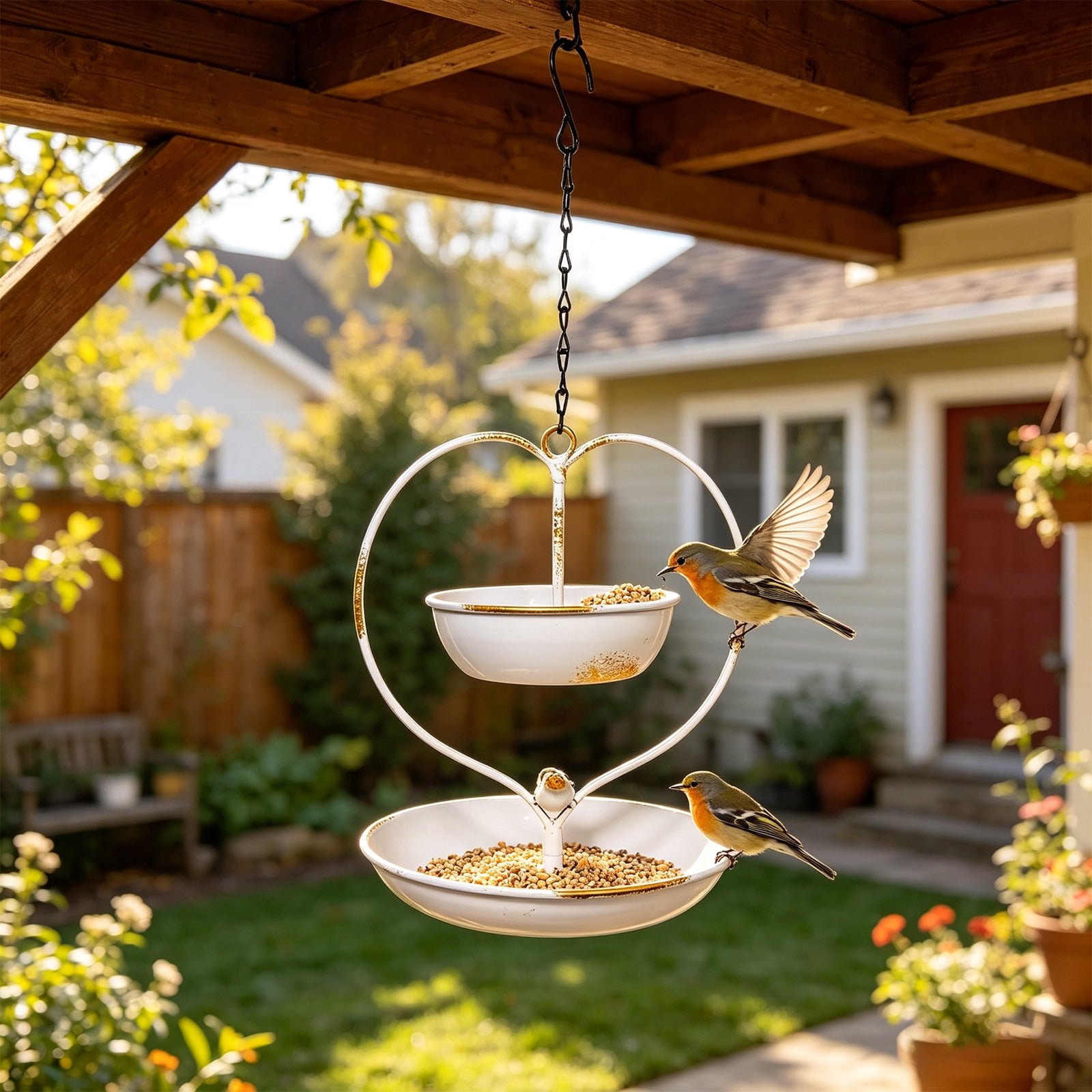 Outdoor Hanging Bird Feeder Red Metal Bird Feeder for Garden Yard Balcony Attract Birds with Durable Iron Design Easy Install for Bird Lovers and Nature Enthusiasts 1pc