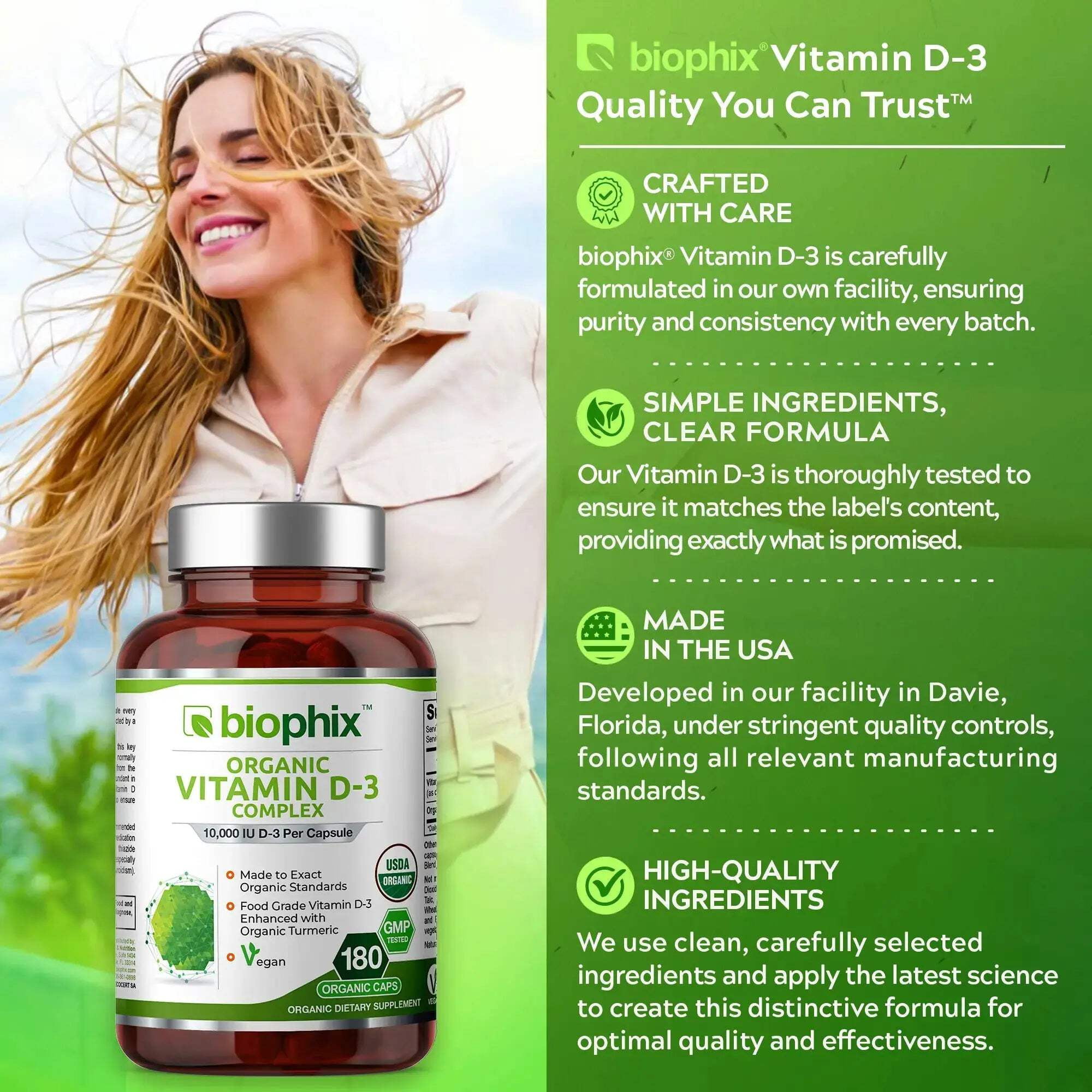 biophix Organic Vitamin D-3 Complex 10000 IU 180 Vcaps with Turmeric - High-Potency Supports Strong Bones Immune Health