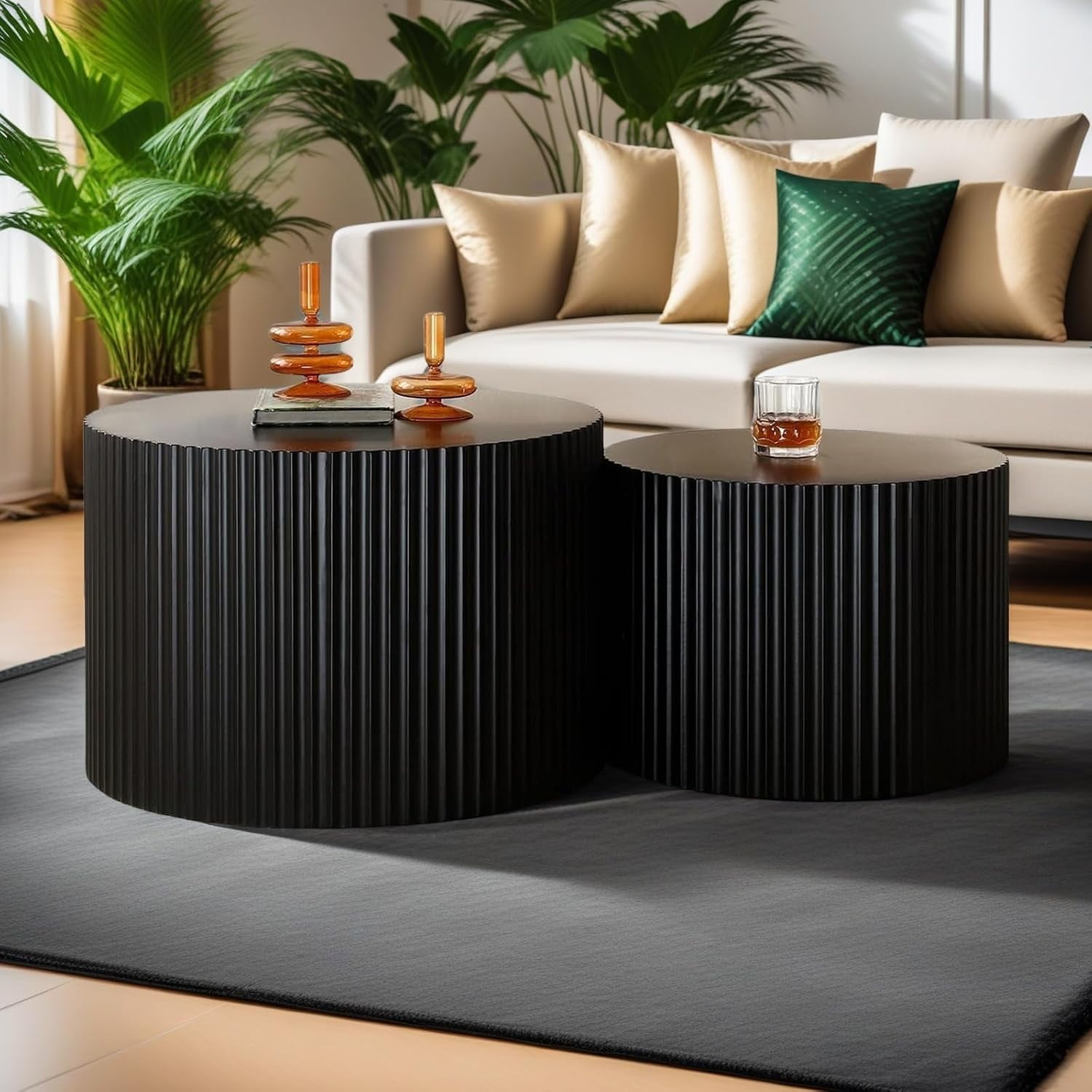 Round Coffee Table Set of 2 (B Small) | Modern Wooden Nesting Coffee Tables No Assembly Required Circle Side Table Set Accent Furniture for Living Room Bedroom