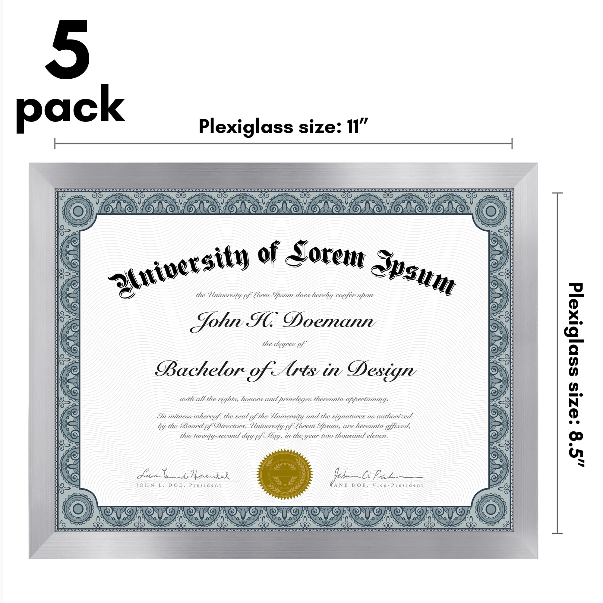 Americanflat 8.5x11 Diploma Frame with Polished Plexiglass 5 Pack Legacy Collection Certificate Wall - Silver