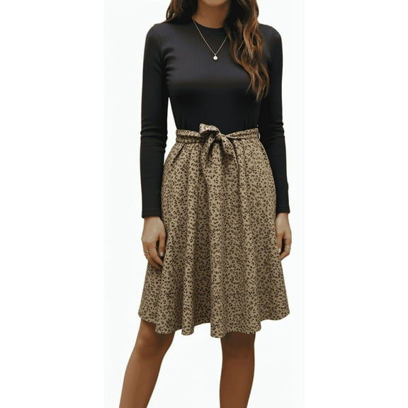 MLDRA Dresses for Women Fall Long Sleeve Leopard Print Dress Elegant Flowy A-Line Wedding Guest Dress for Women 2025 Casual Midi Dresses