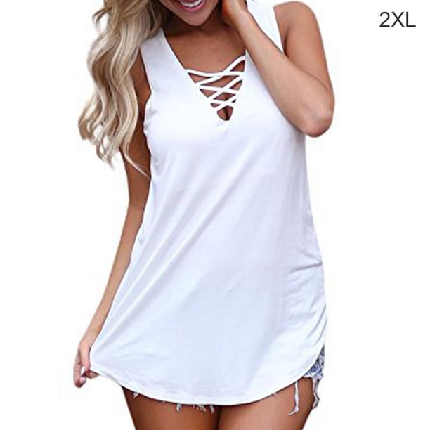 Camiseta sin mangas con cuello en V Chaleco con cordones Mujer Camiseta sin mangas de color sólido, Blanco, XXL sidaley AP001796-20