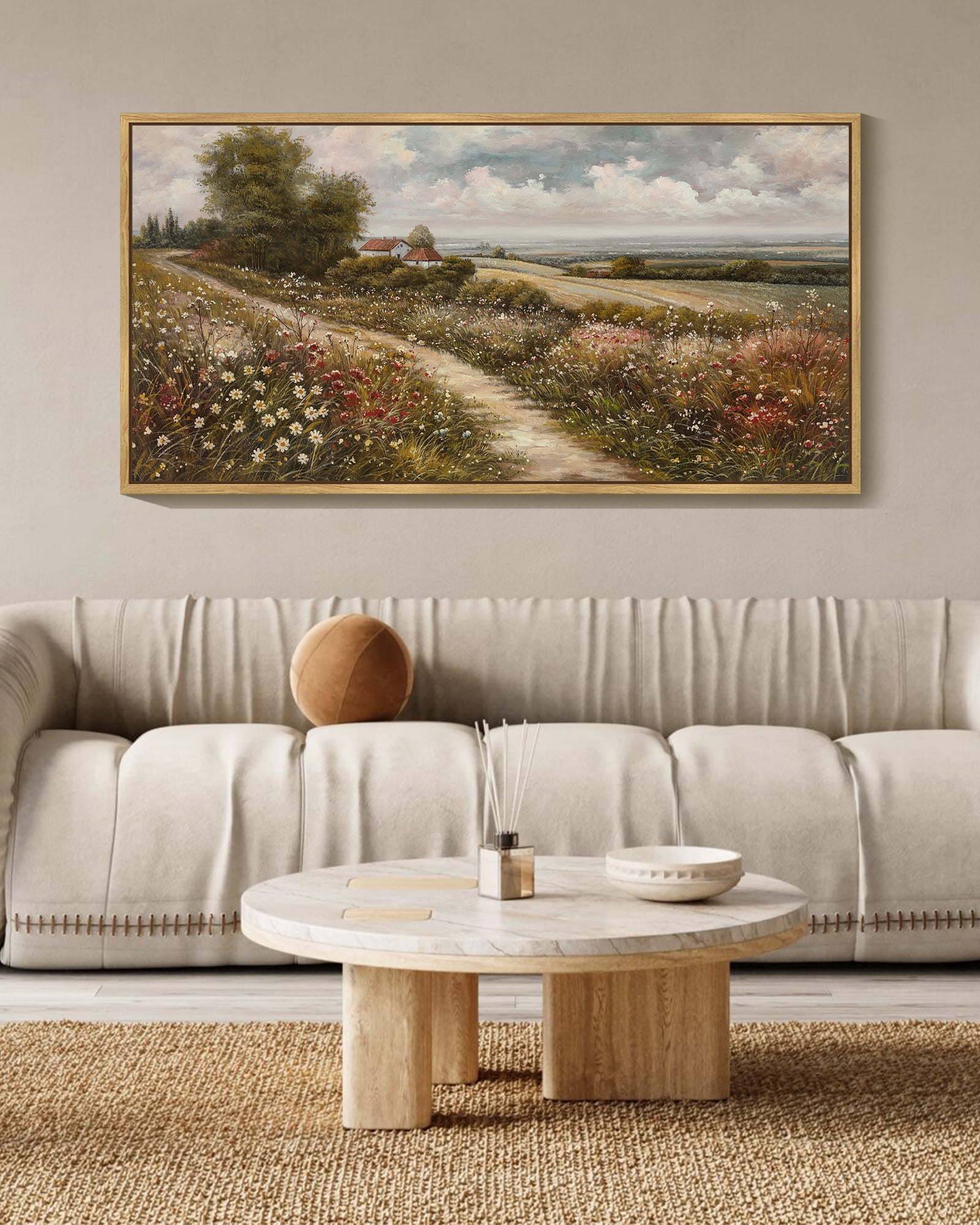 Drsoum 20x40in Natural Framed Vintage Rural wildflowers Wall Art Classic Retro rustic Landscape Wall Prints Hallways Dining Rooms Bedroom Living Rooms Decor
